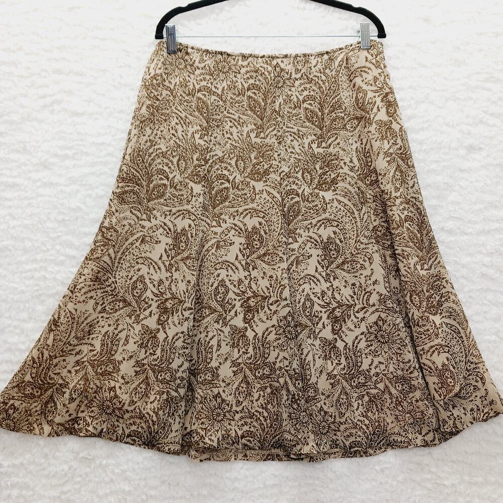 Skirt Midi Paisley Chiffon Brown Beige Romantic Boho Chic Festival Earthy Sz 12